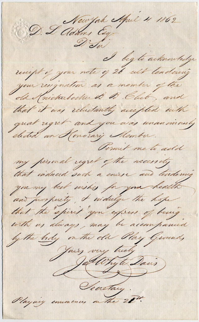 Letter from James Whyte Davis to D. L. Adams, Esq. dated April 4, 1862 [Source: Manuscripts and Archives, Yale University Library]