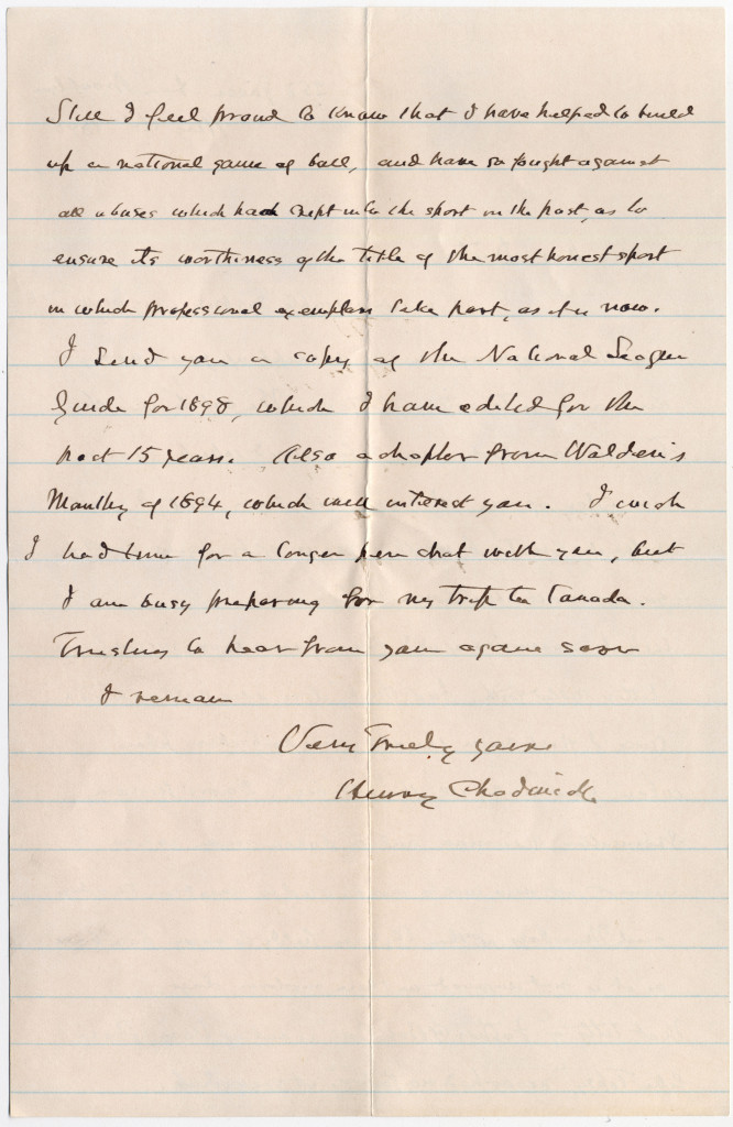 Henry Chadwick letter to Doc Adams dated Aug 16, 1898 (page 2) [Source: Manuscripts and Archives, Yale University Library]